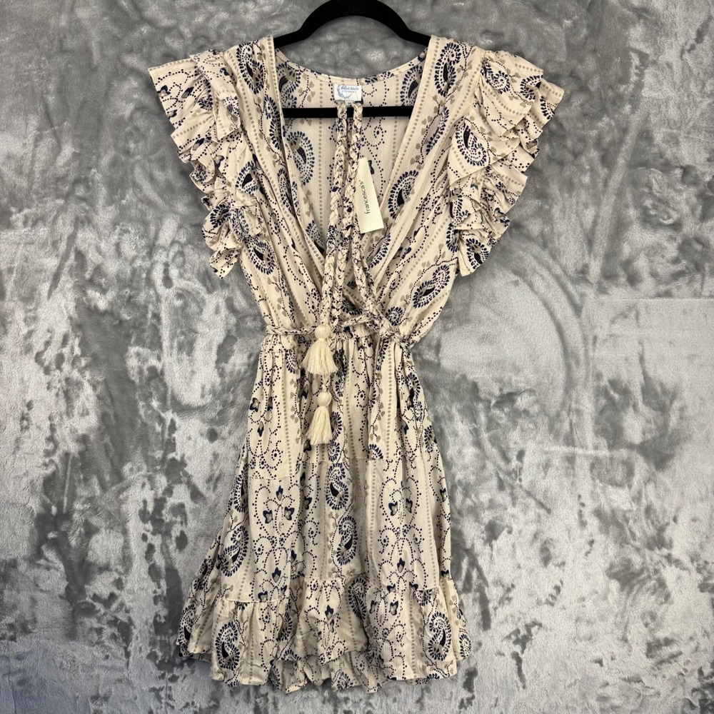 Blue Rain Francesca's Ivory Paisley Ruffle Mini Dress Boho Tassel Belt Medium